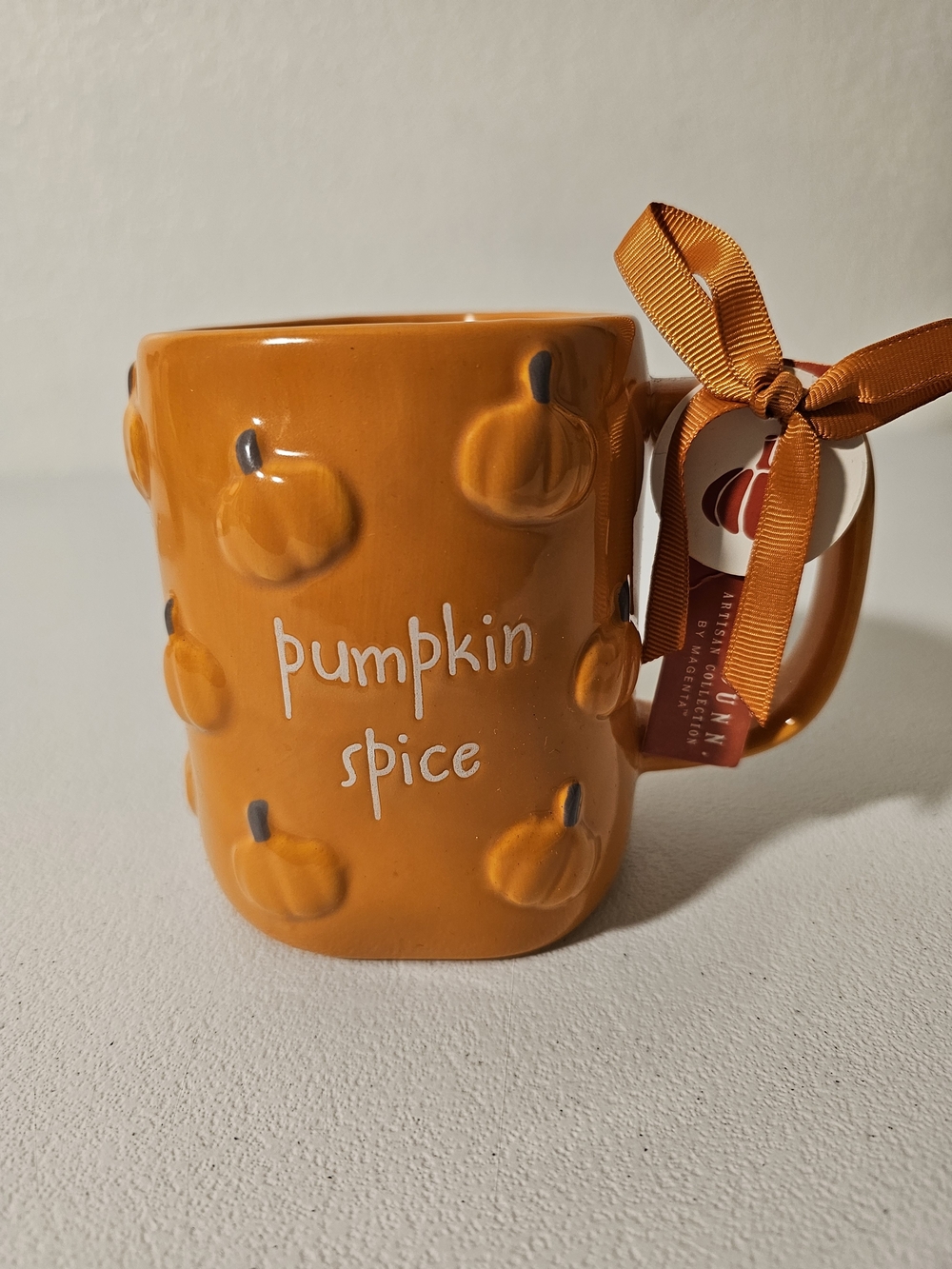 Rae Dunn Pumpkin Spice Orange Ceramic Mug with Ribbon